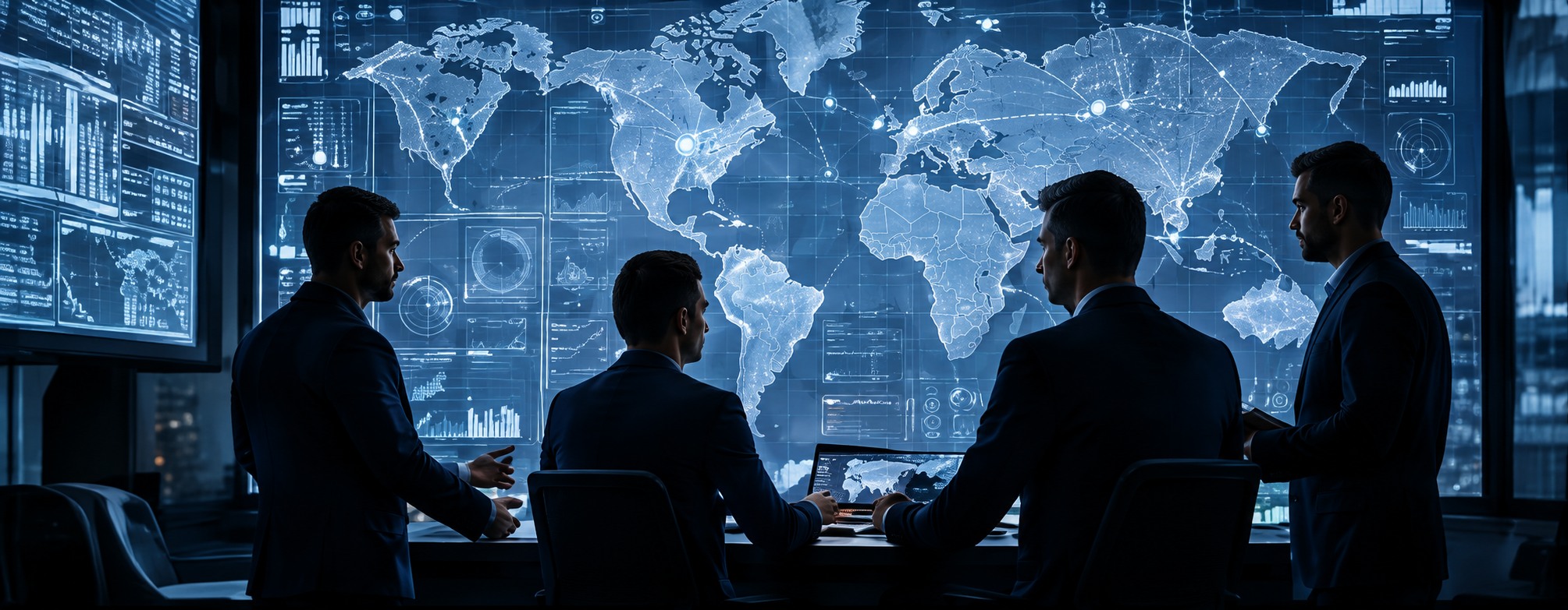 Consulting team reviewing a world map