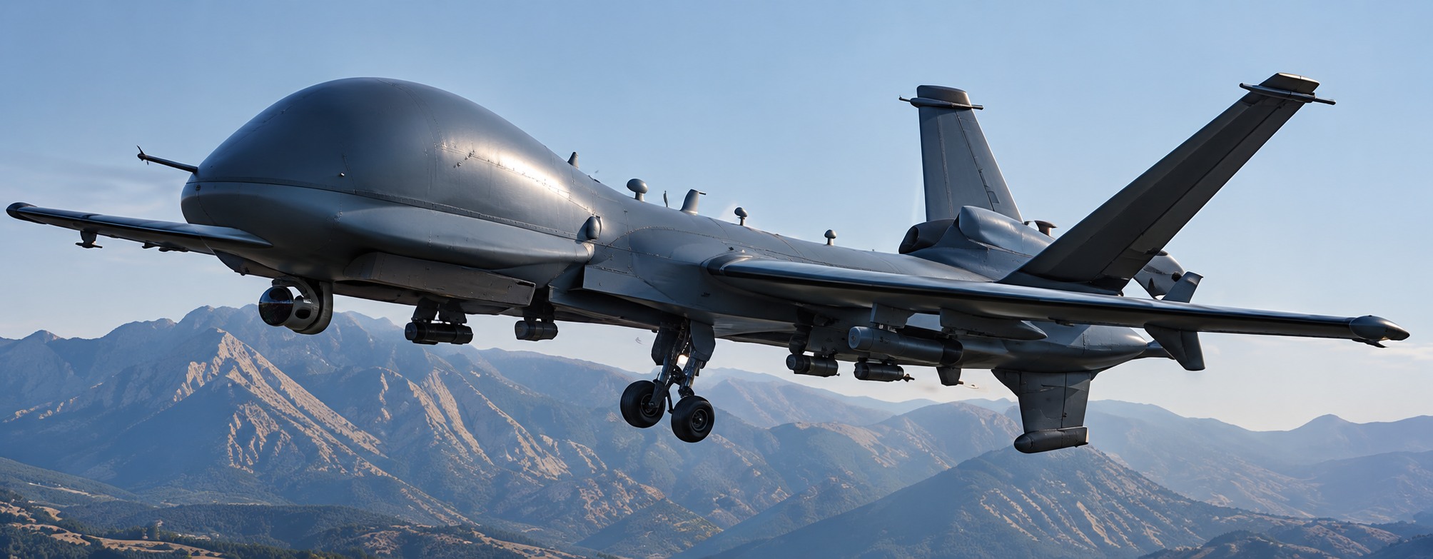 Unmanned aircraft flying over mountains