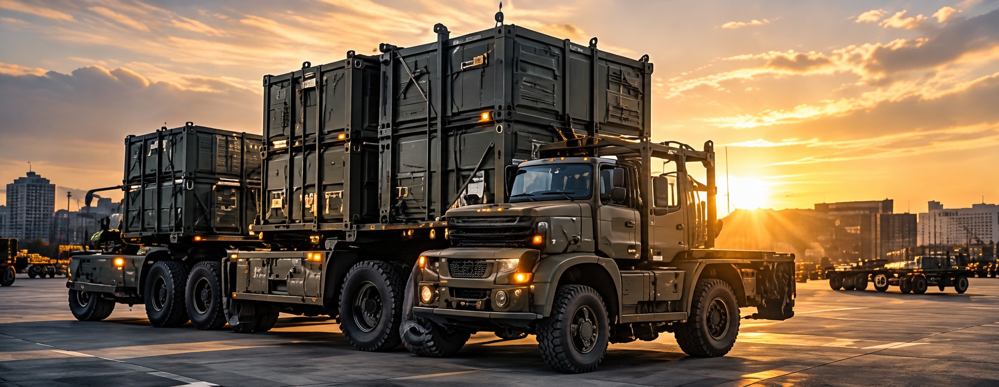Trucks transporting industrial equipment at sunset