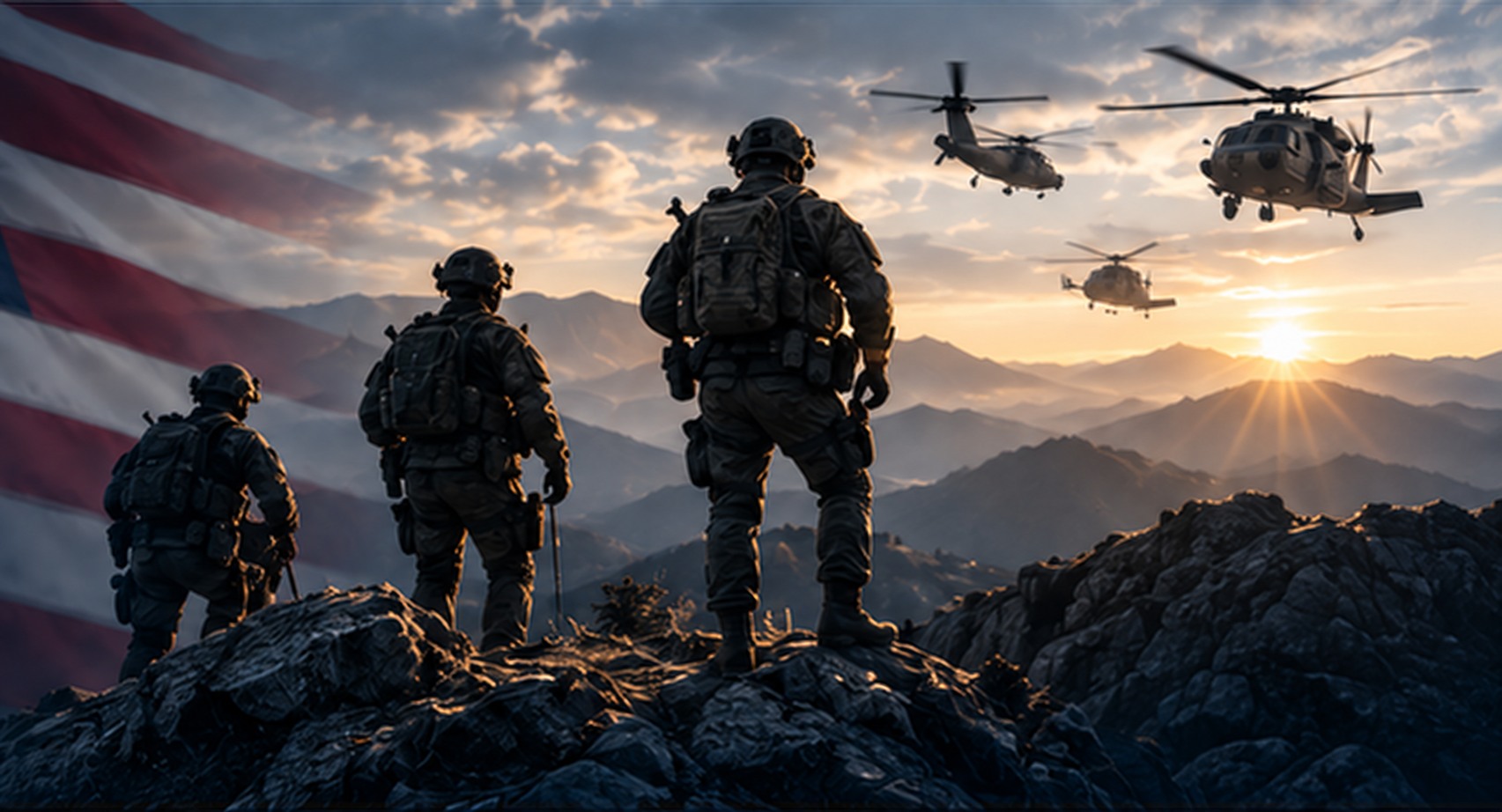 Three soldiers overlooking mountain terrain and helicopters at sunset