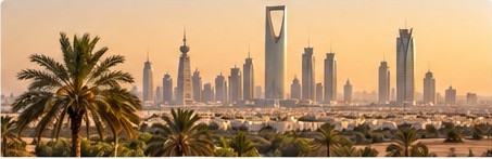 Saudi city skyline and palm trees