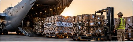Palletized supplies beside a cargo aircraft