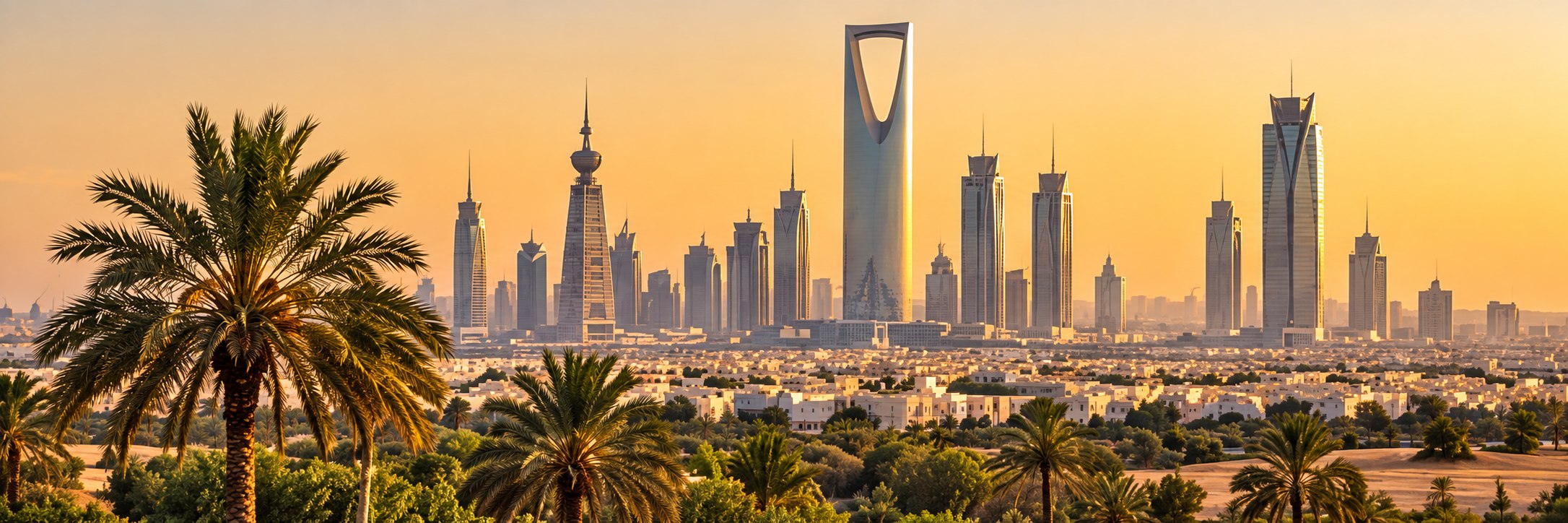 Saudi city skyline and palm trees
