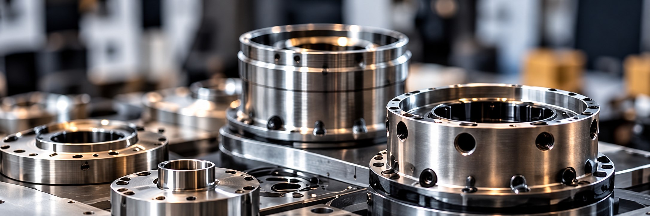 Precision manufactured components on a workshop bench