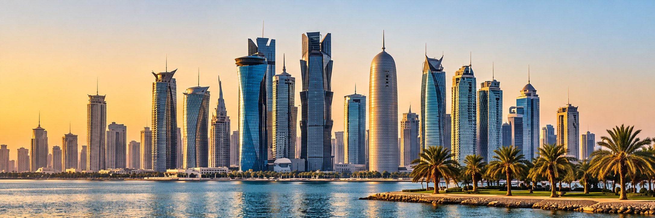 GCC commercial skyline at sunset