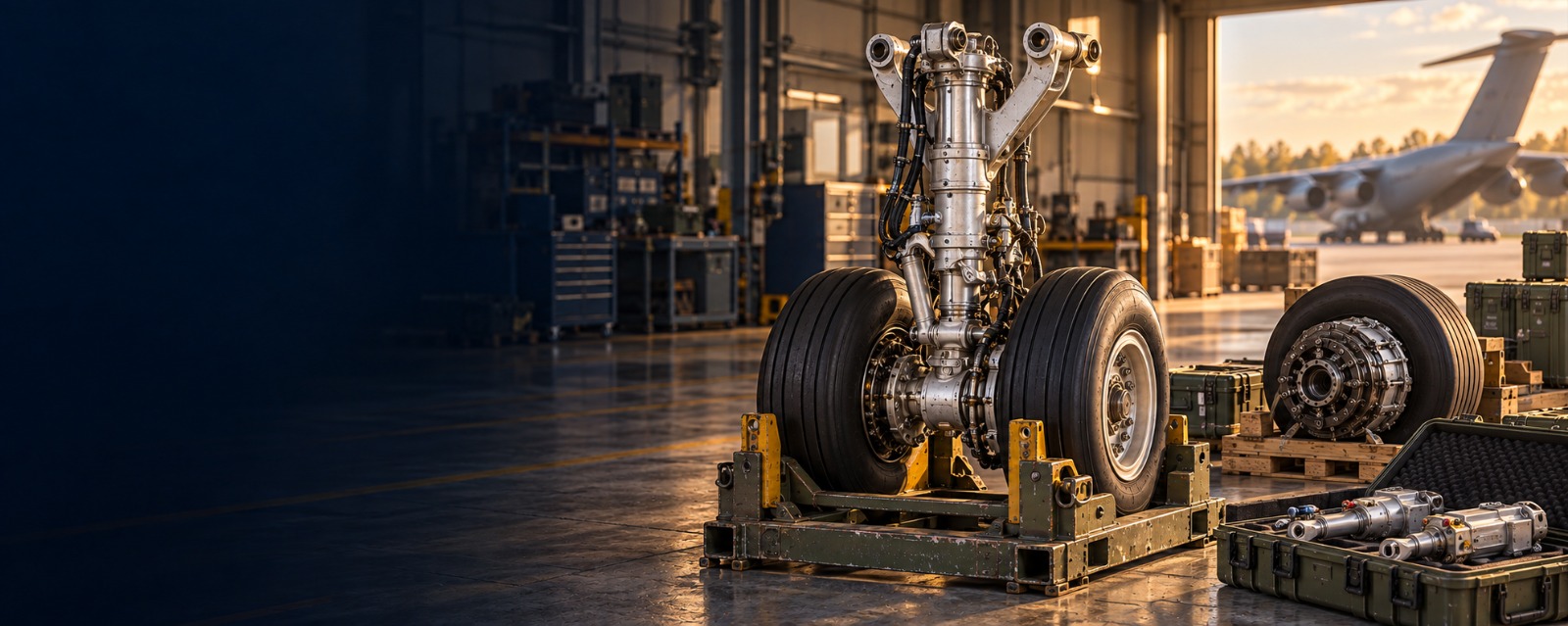 Aircraft landing gear and spare parts in a maintenance hangar
