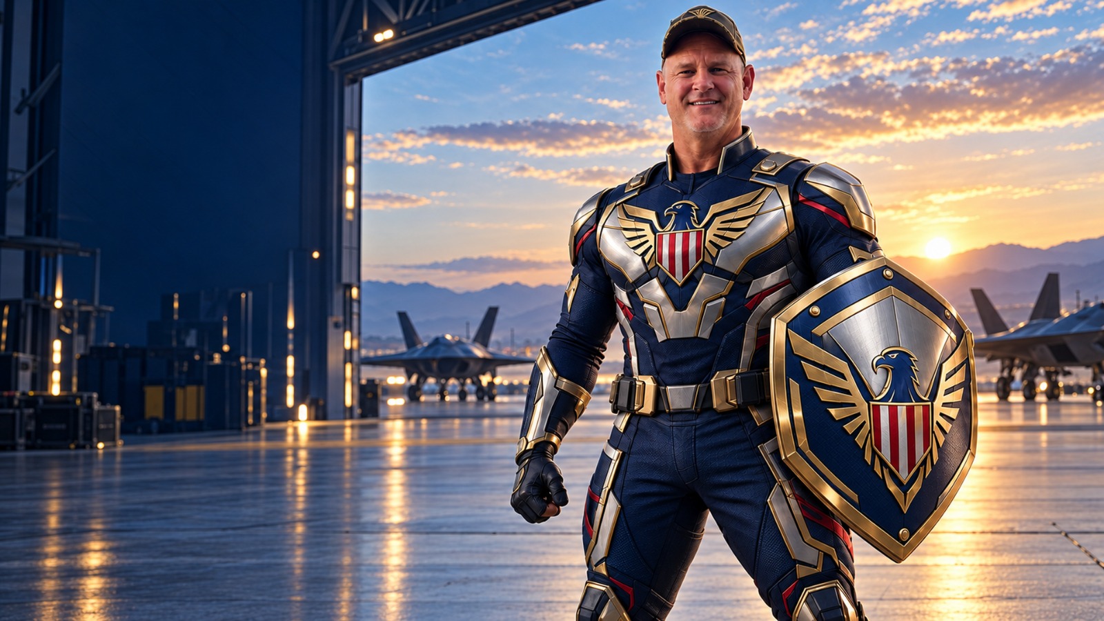 Eagle-themed armored figure holding a shield in an aircraft hangar at sunset