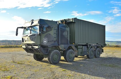 Rheinmetall HX tactical truck carrying a cargo container
