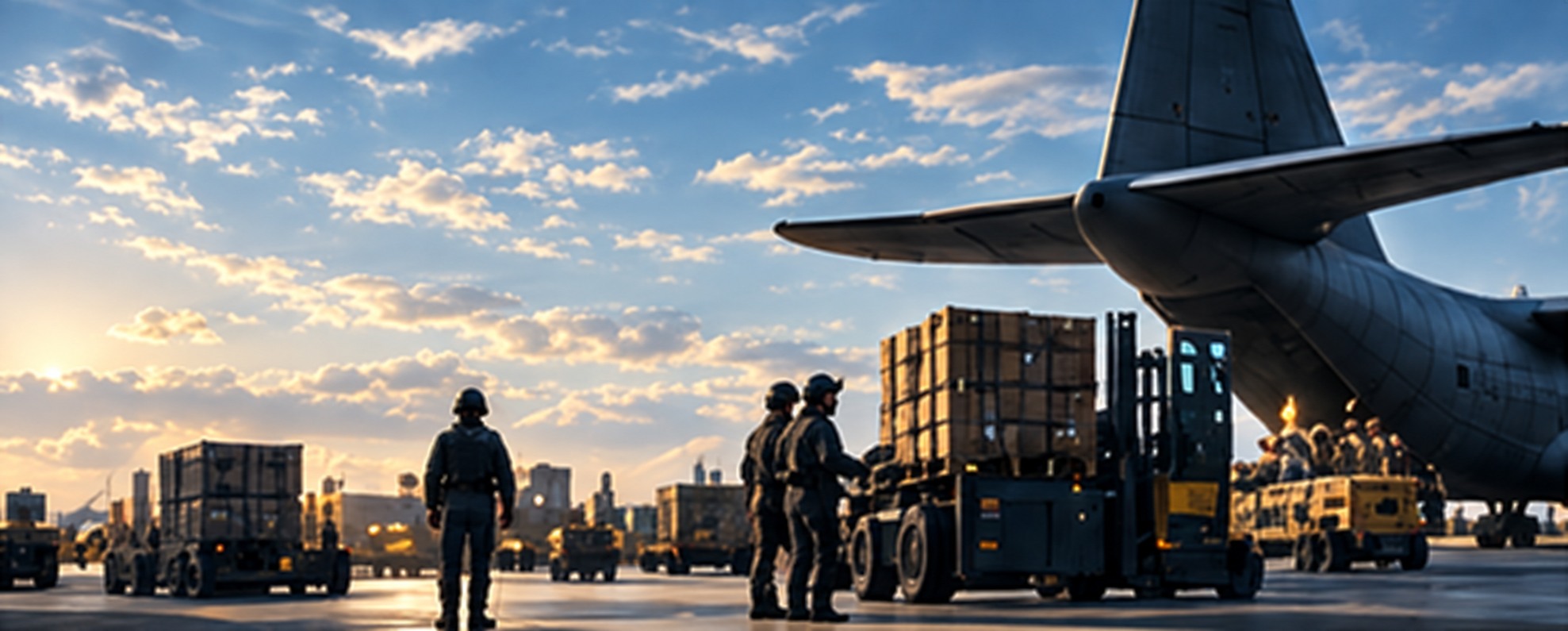 Military logistics team loading cargo beside a transport aircraft
