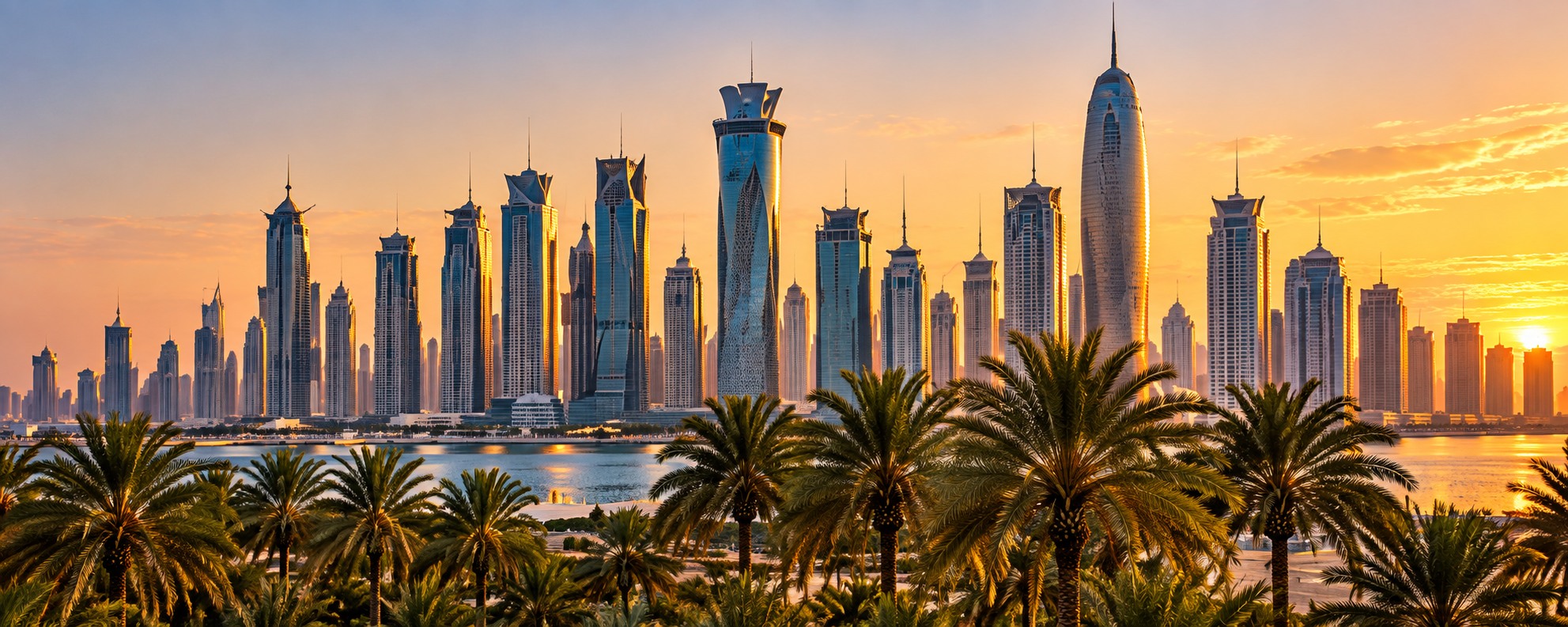 GCC skyline and palm trees at sunset