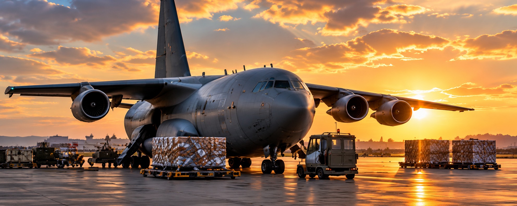Military cargo aircraft on an apron at sunset